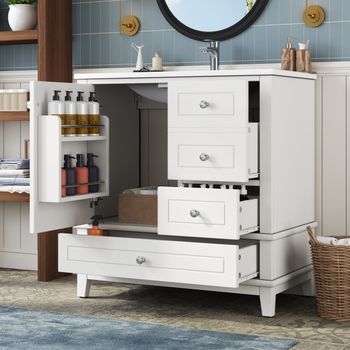 Mueble Bajo Lavabo De 81 Cm, Blanco Brillante, Con Lavabo Cerámico Y Tres Cajones