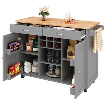 Isla De Cocina Moderna Gris, Aparador Buffet Para Comedor, Mesa De Comedor Multifuncional Con Botellero Y Ruedas, 102x45x92cm, Mdf Y Metal