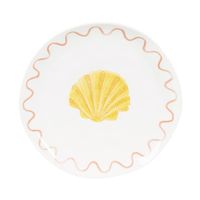 plato postre de ceramica blanca con concha amarilla