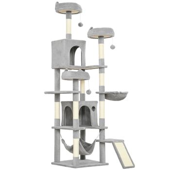 PawHut Árbol Rascador Grande para Gatos 192 cm con 3 Camas 2 Casitas 2 Hamacas Escalera Rascadora Postes de Sisal Gris Claro