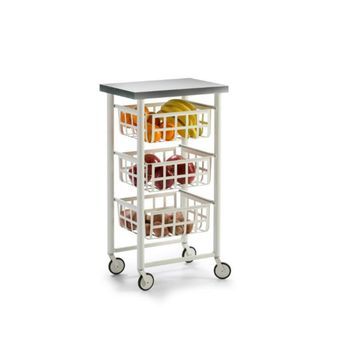 Carrito Auxiliar Fifty-fifty Con 3 Cestas Metálicas, Encimera De Acero Inoxidable Y Ruedas. Diseño Moderno Y Funcionalidad,acero Lacado - Acero Inoxidable,blanco Inox