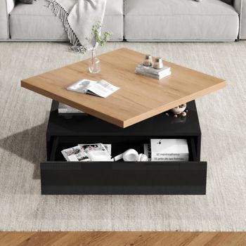 Mesa De Centro Cuadrada 70 X 70 Cm Con Tablero Giratorio 360° Y Almacenaje Oculto