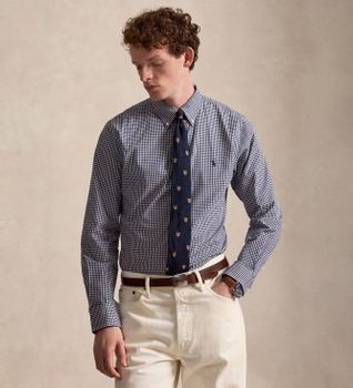 Polo Ralph Lauren para hombre. 710929347500 Camisa de popelina elástica con cuadros marino (L), Casual, Algodón, Manga larga
