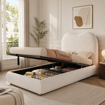 Cama Infantil Tapizada De 90 X 200 Cm, Almacenaje Hidráulico, Beige Bouclé