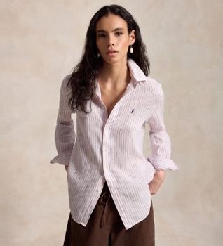 Polo Ralph Lauren para mujer. 211A96158011 Camisa Clásica de Lino rosa (L), Casual, Manga larga