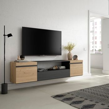 Mueble tv efecto madera roble y negro 200x35x45cm colgado