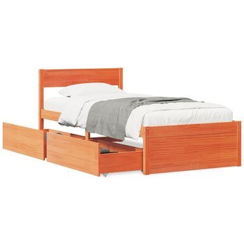 Cama Individual | Cama Para Adultos | Estructura Cama Con Cajones Madera Maciza Pino Marrón 90x200 Cm