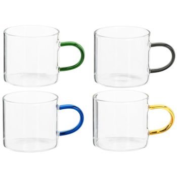 Set de 4 tazas en vidrio transparente, amarillo, azul y gris