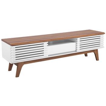 Mueble De Tv Moderno Puertas Correderas 1 Cajón Frente De Listones Blanco Y Marrón Oscuro Detroit