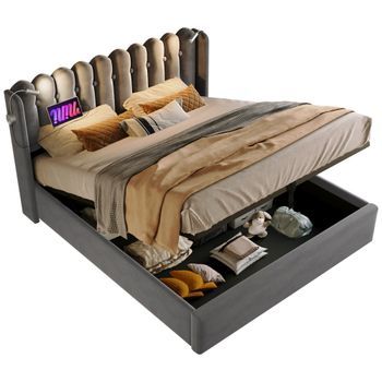Cama Doble Tapizada - Cama Infantil 140x200cm - Función De Carga - Espacio De Almacenamiento - Terciopelo - Gris