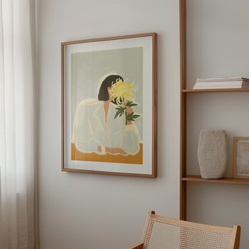 Cuadro flores amarillas, marco premium chapado en roble, 30x40 cm