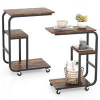 costway juego de 12 mesa auxiliar en forma de c mesa de sofa con estantes abiertos mesa lateral industrial con ruedas para dormitorio salon marron
