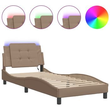 Cama Individual | Cama Para Adultos | Estructura De Cama Con Led Cuero Sintético Capuchino 90x190 Cm