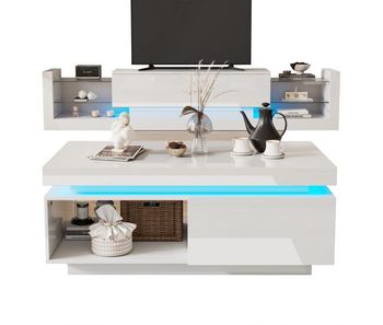 Conjunto de mueble tv alto brillo - mueble tv + mesa de salón, conjunto para pared de salón, mueble tv alto brillo, blanco