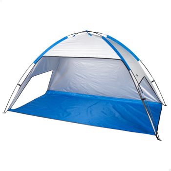 Aktive - Tienda de playa, 220x120x115 cm, 2 personas, color azul y gris, con suelo y ventanas, 4 piquetas, varillas de fibra de vidrio, protección UV50, revestimiento interior plateado, incluye bolsa