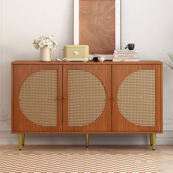 Aparador - Mueble Auxiliar - Tablero De Partículas Y Ratán - Nogal (129.8x40x76cm)