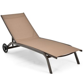 Costway Tumbona Regulable para Patio con Ruedas y Tejido de Secado Rápido Silla Reclinable en 6 Posiciones de Exterior Piscina Patio Jardín Marrón