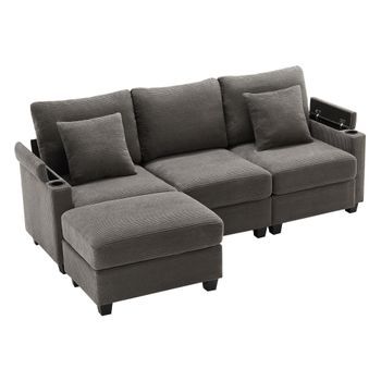 Sofá Convertible - Sofá Esquinero De 3 Plazas - Con Reposapiés - 213,5 X 139 X 87 Cm - Gris Oscuro