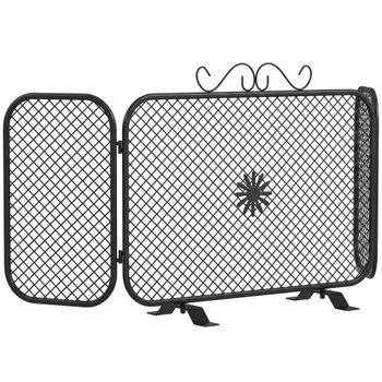HOMCOM Parachispas para Chimenea Plegable de 3 Paneles con Diseño Floral 90x16x40 cm Negro   Aosom España