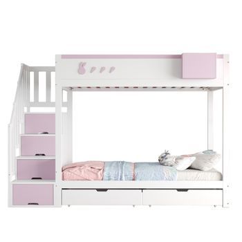 Litera De 90 X 200 Cm Con Escalera Y Cajones, Color Blanco Y Rosa