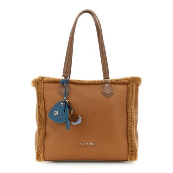shopper efecto borrego con acabados efecto piel y charm de color decorativo brown taglia unica