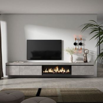 Mueble tv efecto madera cemento 317x35x45cm chimenea efecto fuego