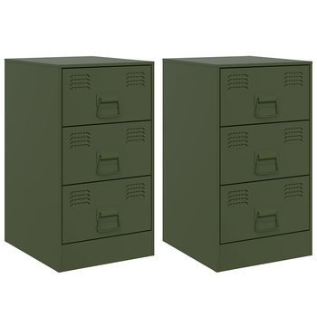 Juego De 2 Mesitas De Noche - Mesillas Acero Verde Oliva 34,5x39x62 Cm Mc5576