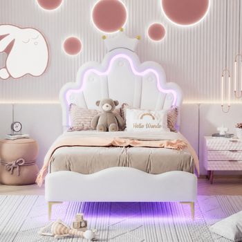 Cama Princesa Blanca De 90x200 Cm Con Corona, Cabecero Acolchado Y Luces Led Regulables