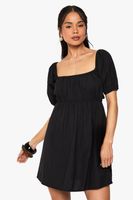 vestido mini holgado de lino con mangas abullonadas negro