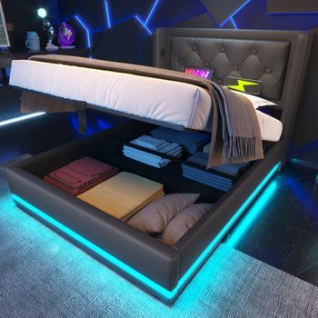 Cama Tapizada De 90x200 Cm En Poliuretano, Cabecero Acolchado Con Alas De 16 Cm, Usb Tipo C En Ambos Lados, Led En 3 Lados Con 16 Colores, Negro