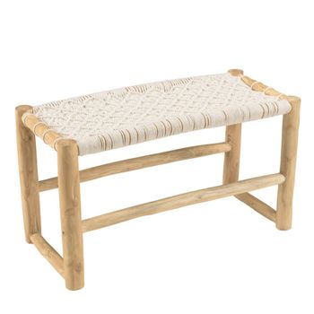 Banco de ramas de madera de teca y macramé blanco