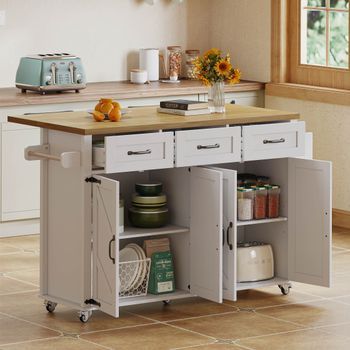 Isla De Cocina Blanca Y Natural Con Encimera Plegable, 140 Cm, 5 Ruedas Con Freno