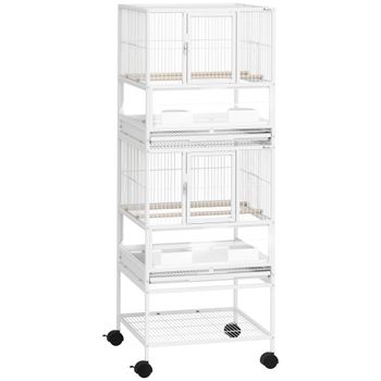 PawHut Jaula para Pájaros de 2 Niveles con Paneles Acrílicos Comederos Perchas Ruedas y Estante Inferior 48x46x134,5 cm Blanco