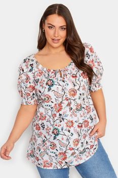 Yours Top Algodón Blanco Floral Con Manga Abullonada, Mujer Curvy Y Tallas Grandes, Yours