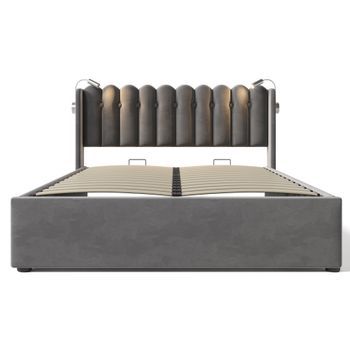 Cama Con Canapé Tapizada Con Led Y Puertos De Carga Usb 140x200cm Tela De Lino Con Somier Gris