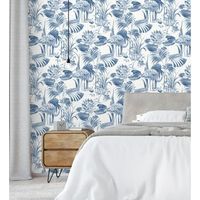 papel pintado vinilico ecologico de flamencos flores y plantas - flamingo palace 680666 de gaulan - rollo de 10 m x 053 m