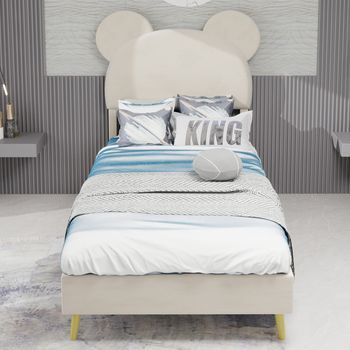 Cama Individual Tapizada En Tela, Diseño Moderno Minimalista, Cabecera De Dibujos Animados, Beige, 90x200 Cm, Base Sólida Baja
