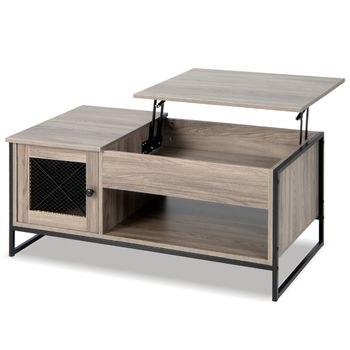 Costway Mesa de Centro con Tablero Elevable Mesa Auxiliar Industrial Mesa de Café con Compartimento Armario de 2 Puertas 106 x 55 x 44,5 cm