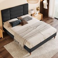 cama doble acolchada con somier de lamas y cabecero lino negro 140x200 cm para adultos y adolescentes