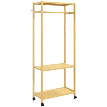 HOMCOM Perchero de pie con barra, estantes y 4 ruedas en bambú, 70x35x175 cm, madera natural   Aosom España