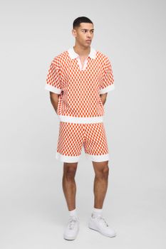 Polo Man Oversize Recto De Punto Jacquard Con Estampado De Cuadros, Naranja