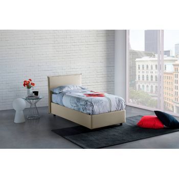 Talamo Italia Cama Individual Con Contenedor Anna, Made In Italy, Cama Con Revestimiento De Tela, Apertura Frontal, Apta Para Colchón 80x200 Cm, Beige