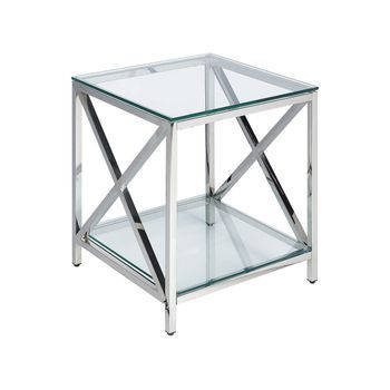 Mesa Auxiliar De Vidrio Templado Transparente Plateado 45 X 45 Cm Acero Inoxidable Audet