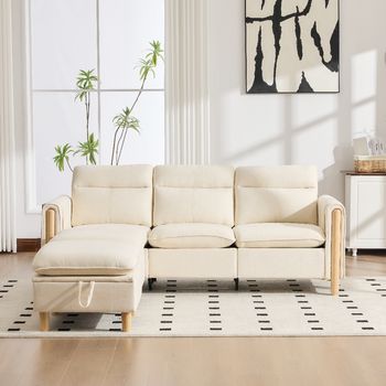 Sofá Modular En L De Chenilla Beige, 3 Plazas, Puf Reversible Con Almacenaje