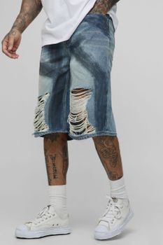 Tall Relaxed Fit Paint Brushed Distressed Jorts, Azul