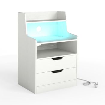 Costway Mesita de Noche LED con Estación de Carga Mesita de Noche de 2 Cajones con Estante Abierto Cómoda Moderna con Kits Antivuelco Blanco