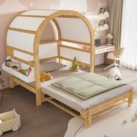 cama infantil deslizante con techo arqueado 140 x 200 cm con estante lateral - pino y mdf - blanco y natural