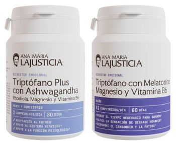 Ana Maria Lajusticia Triptófano Plus Ashwagandha + Rhodiola + Magnesio 60 Comprimidos + Triptófano + Melatonina + Magnesio y Vit. B6 60 Comprimidos