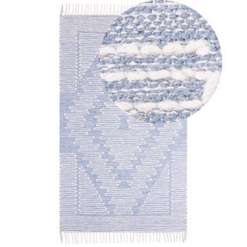 Alfombra De Algodón Azul Blanco Crema 80 X 150 Cm Geométrico Tribal Borlas Ansar