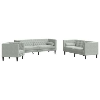 Set Sofás Chesterfield Con Cojines 3 Pzas Terciopelo Gris Claro Vidaxl